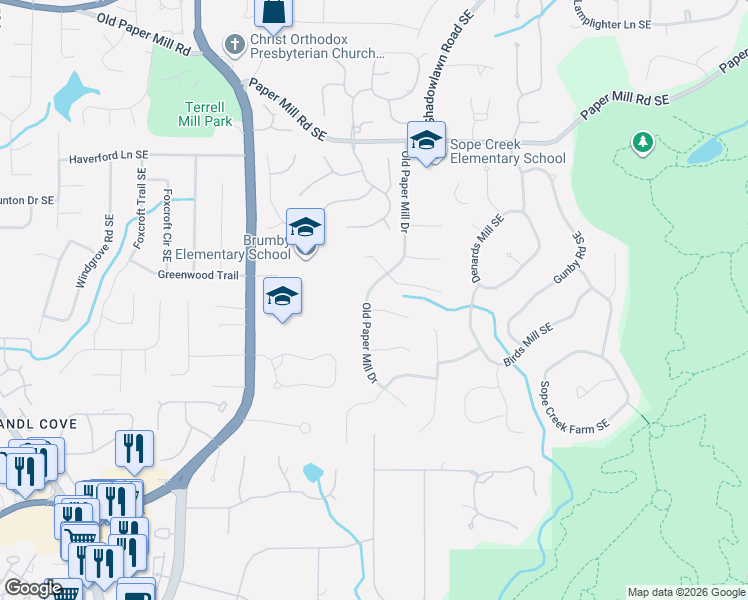 map of restaurants, bars, coffee shops, grocery stores, and more near 772 Old Paper Mill Drive in Marietta