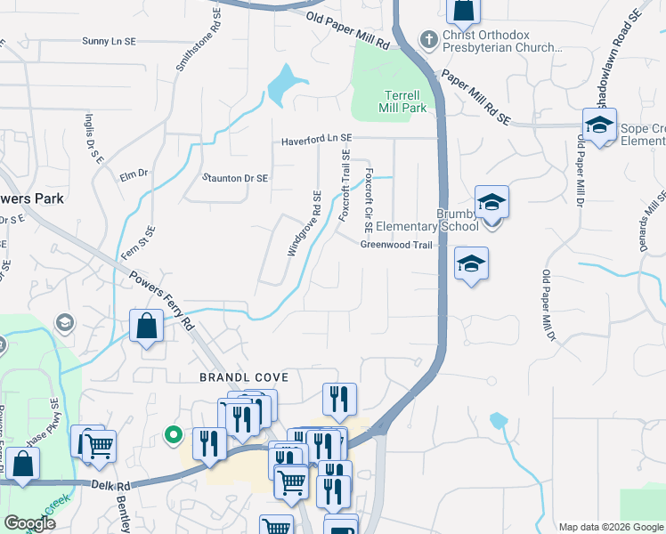 map of restaurants, bars, coffee shops, grocery stores, and more near 831 Foxcroft Trail Southeast in Marietta