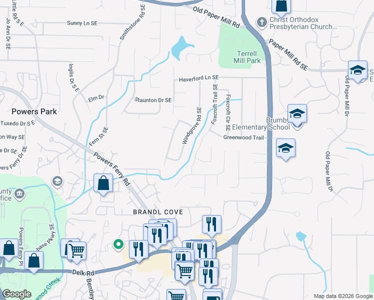 map of restaurants, bars, coffee shops, grocery stores, and more near 665 Windgrove Road Southeast in Marietta