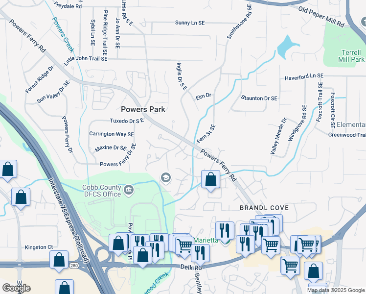 map of restaurants, bars, coffee shops, grocery stores, and more near 703 Hanover Lane Southeast in Marietta