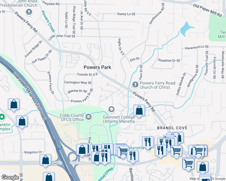 map of restaurants, bars, coffee shops, grocery stores, and more near 2087 Powers Ferry Trce Southeast in Marietta