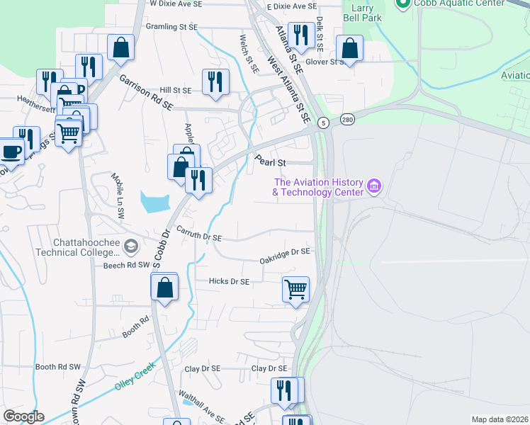 map of restaurants, bars, coffee shops, grocery stores, and more near 290-A-B Henry Street in Marietta