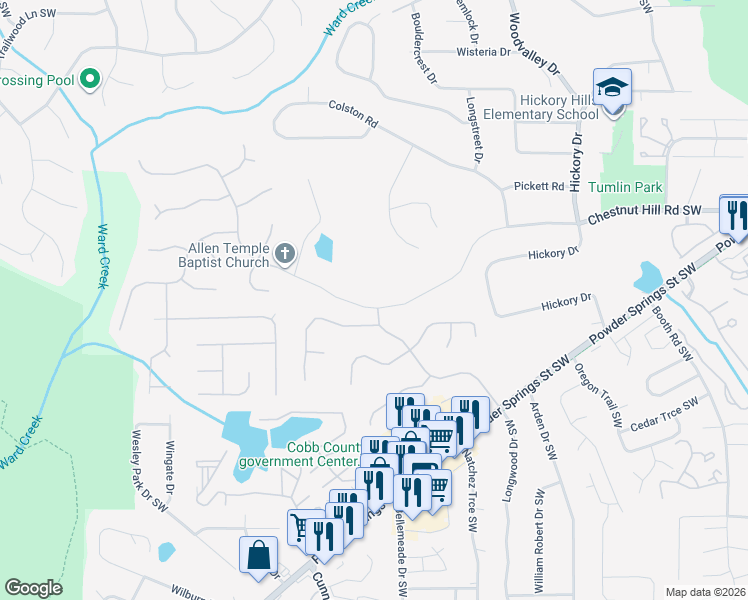 map of restaurants, bars, coffee shops, grocery stores, and more near 808 Chestnut Hill Road Southwest in Marietta
