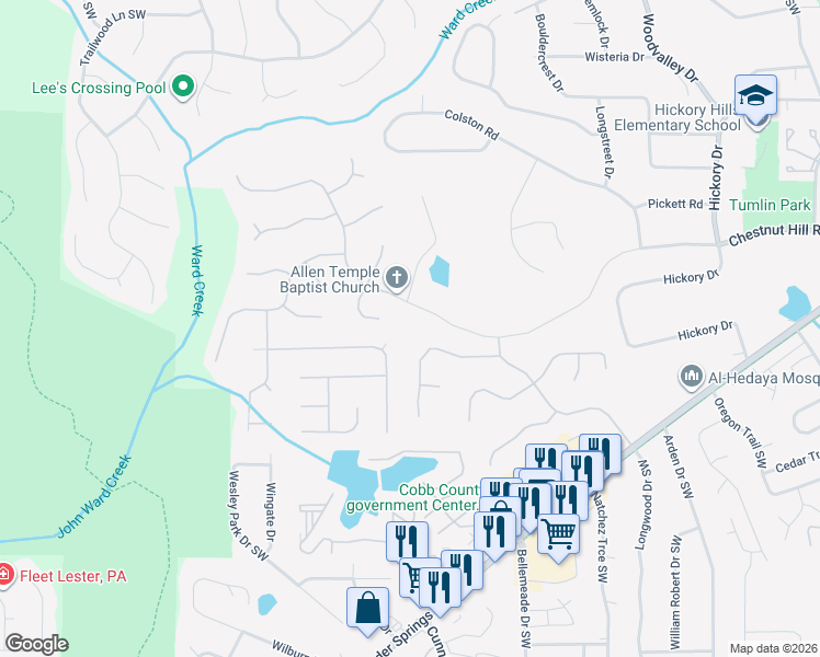 map of restaurants, bars, coffee shops, grocery stores, and more near 895 Chestnut Hill Road Southwest in Marietta
