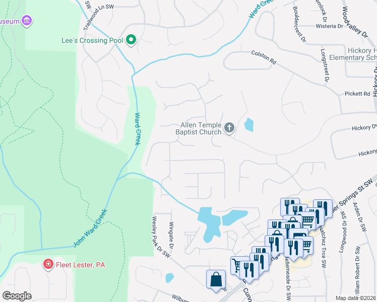 map of restaurants, bars, coffee shops, grocery stores, and more near 1005 Bruton Court in Marietta