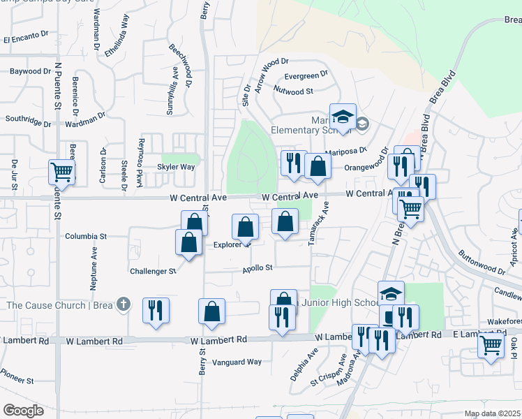 map of restaurants, bars, coffee shops, grocery stores, and more near 410 West Central Avenue in Brea