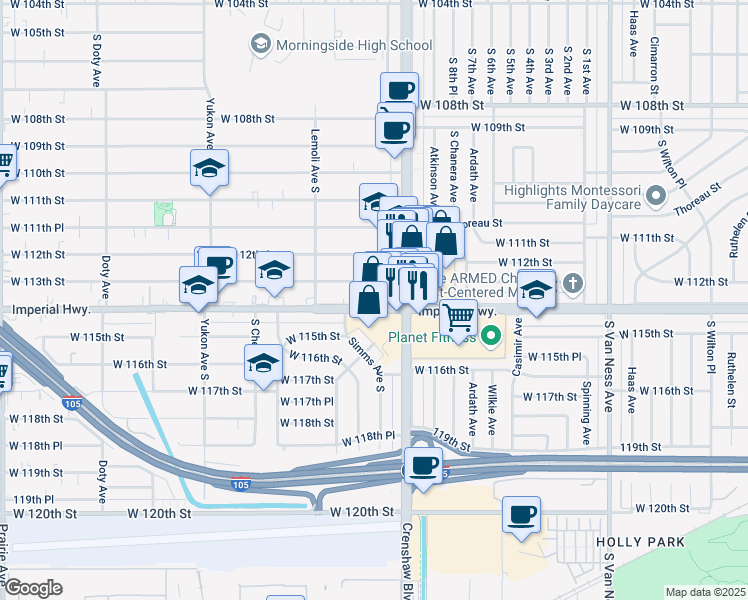 map of restaurants, bars, coffee shops, grocery stores, and more near 3133 West Imperial Highway in Inglewood
