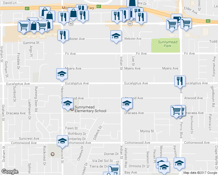map of restaurants, bars, coffee shops, grocery stores, and more near 24411 Eucalyptus Avenue in Moreno Valley