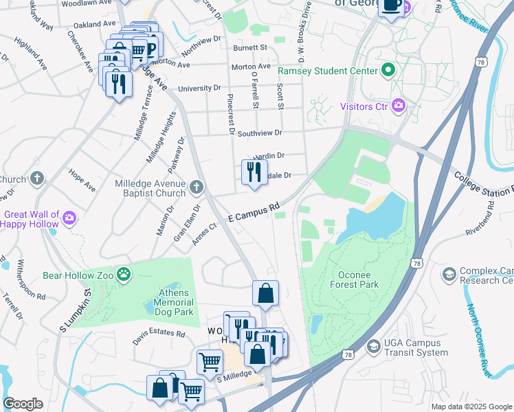 map of restaurants, bars, coffee shops, grocery stores, and more near 760 East Campus Road in Athens