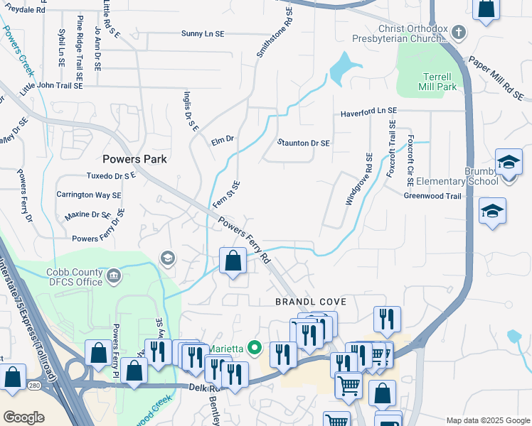 map of restaurants, bars, coffee shops, grocery stores, and more near 899 Powers Ferry Road in Marietta