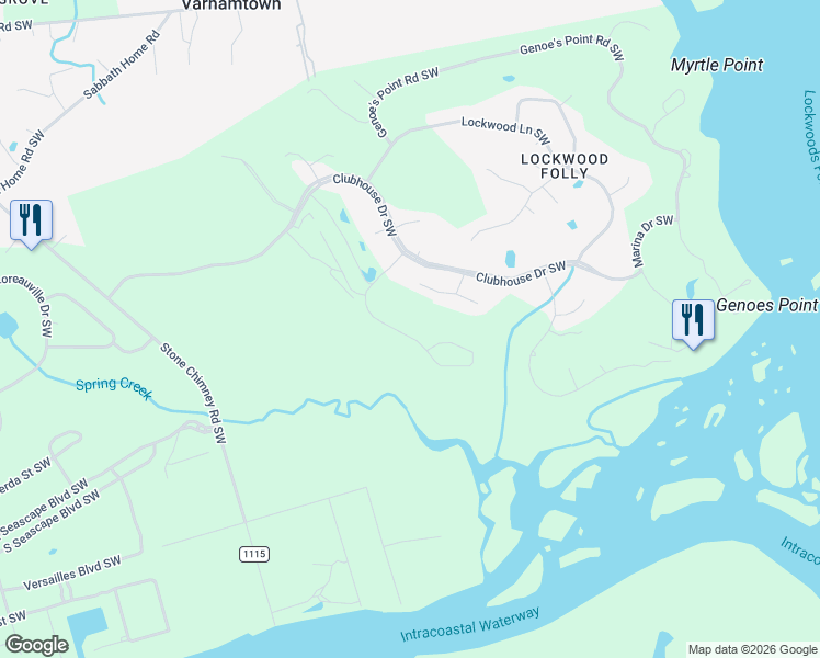 map of restaurants, bars, coffee shops, grocery stores, and more near 3202 Marsh View Drive in Brunswick County