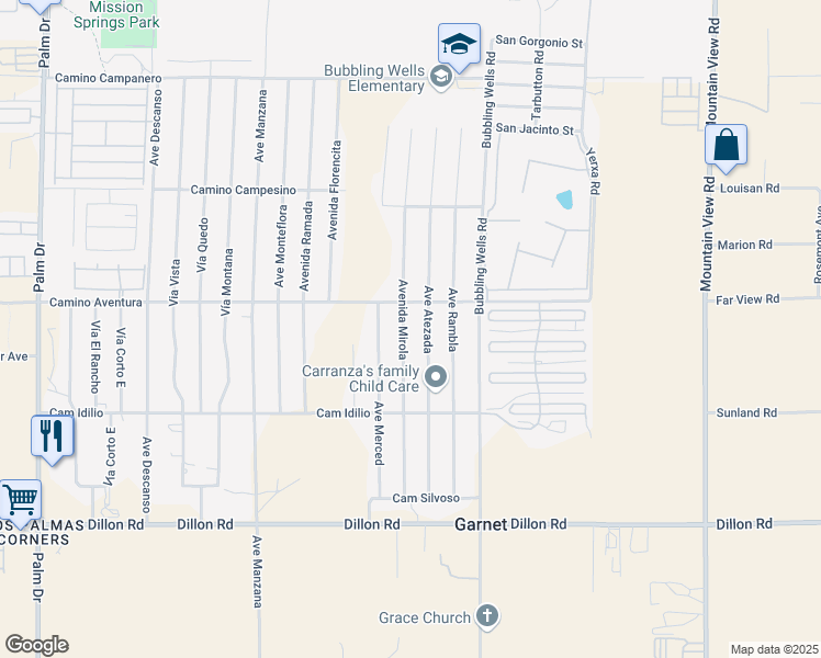 map of restaurants, bars, coffee shops, grocery stores, and more near 16130 Avenida Mirola in Desert Hot Springs