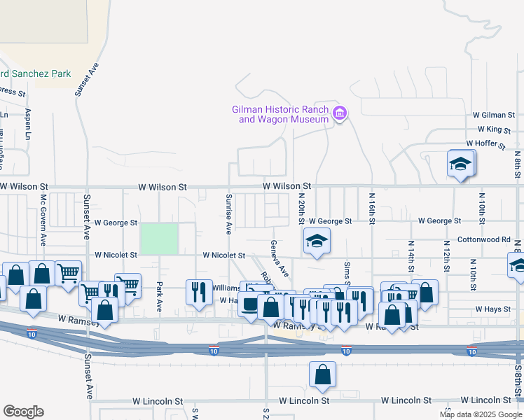 map of restaurants, bars, coffee shops, grocery stores, and more near 2200 West Wilson Street in Banning