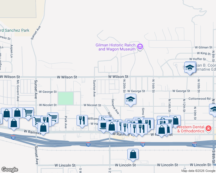map of restaurants, bars, coffee shops, grocery stores, and more near 2200 West Wilson Street in Banning