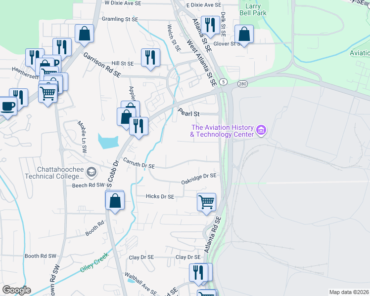 map of restaurants, bars, coffee shops, grocery stores, and more near 290-A-B Henry Street in Marietta