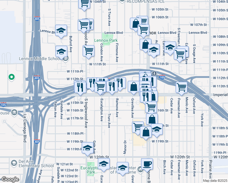 map of restaurants, bars, coffee shops, grocery stores, and more near 4611 West Imperial Highway in Inglewood