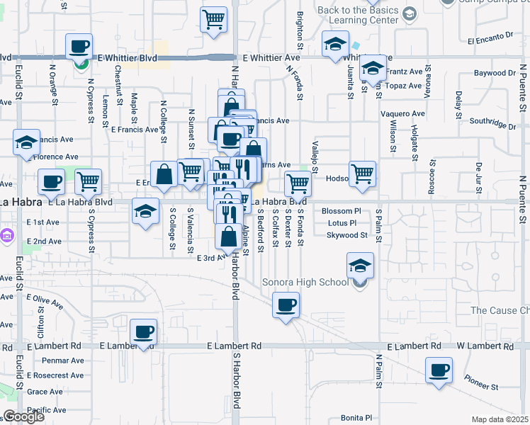 map of restaurants, bars, coffee shops, grocery stores, and more near 124 South Bedford Street in La Habra