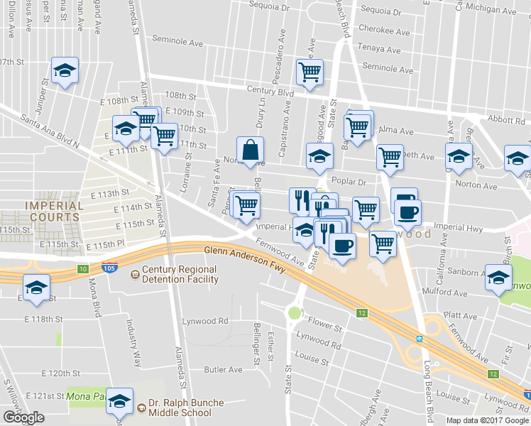map of restaurants, bars, coffee shops, grocery stores, and more near 2914 Oakwood Avenue in Lynwood