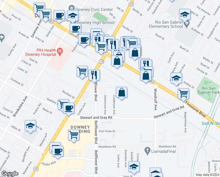 map of restaurants, bars, coffee shops, grocery stores, and more near 9116 Hall Road in Downey