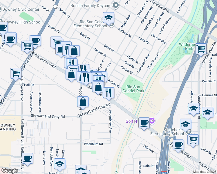 map of restaurants, bars, coffee shops, grocery stores, and more near 11026 Pangborn Avenue in Downey