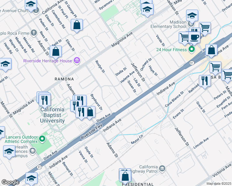 map of restaurants, bars, coffee shops, grocery stores, and more near 3548 Roslyn Street in Riverside