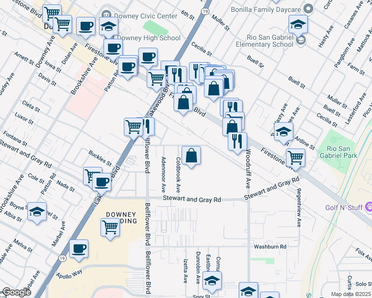 map of restaurants, bars, coffee shops, grocery stores, and more near 9214 Hall Road in Downey