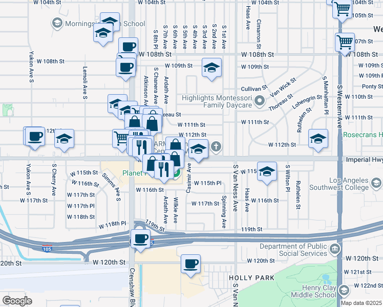 map of restaurants, bars, coffee shops, grocery stores, and more near 2513 West Imperial Highway in Inglewood