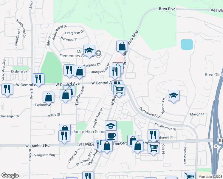 map of restaurants, bars, coffee shops, grocery stores, and more near 756 Ashby Lane in Brea