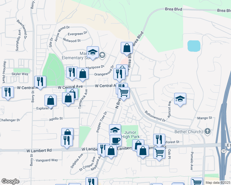 map of restaurants, bars, coffee shops, grocery stores, and more near 749 Sather Court in Brea