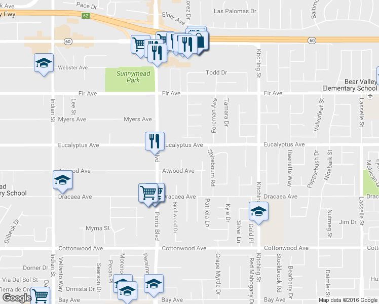 map of restaurants, bars, coffee shops, grocery stores, and more near 25161 Eucalyptus Avenue in Moreno Valley
