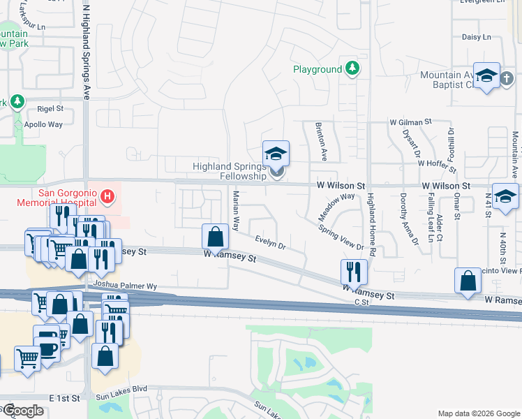 map of restaurants, bars, coffee shops, grocery stores, and more near 5406 Ellen Way in Banning