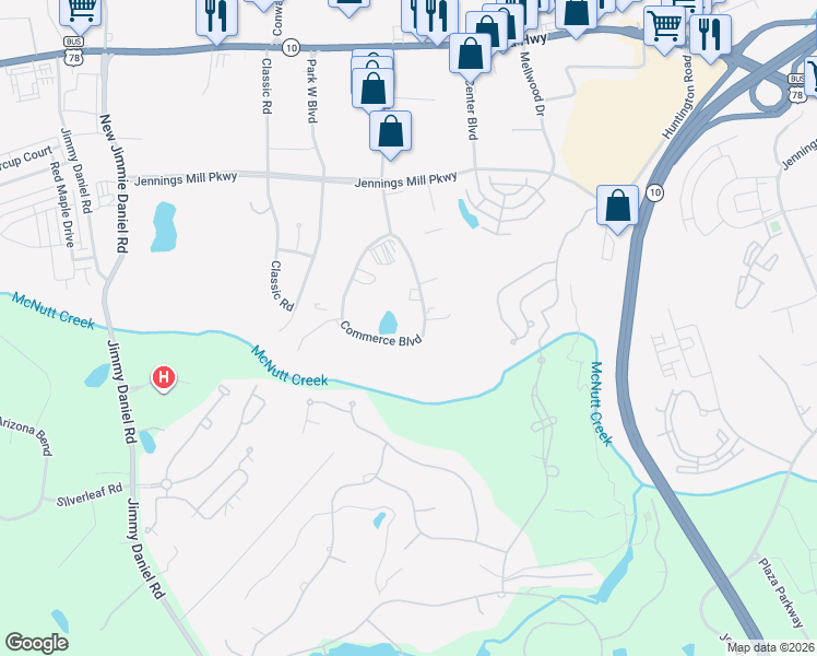 map of restaurants, bars, coffee shops, grocery stores, and more near 355 Commerce Boulevard in Bogart