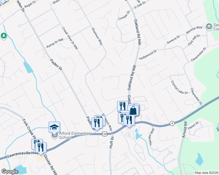 map of restaurants, bars, coffee shops, grocery stores, and more near 310 Thornberry Court in Lawrenceville