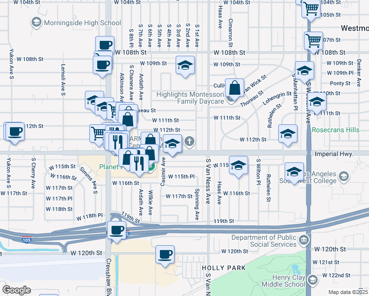 map of restaurants, bars, coffee shops, grocery stores, and more near 2333 West Imperial Highway in Inglewood