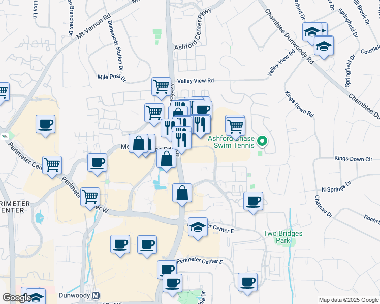 map of restaurants, bars, coffee shops, grocery stores, and more near 4685 Ashford Dunwoody Road in Dunwoody