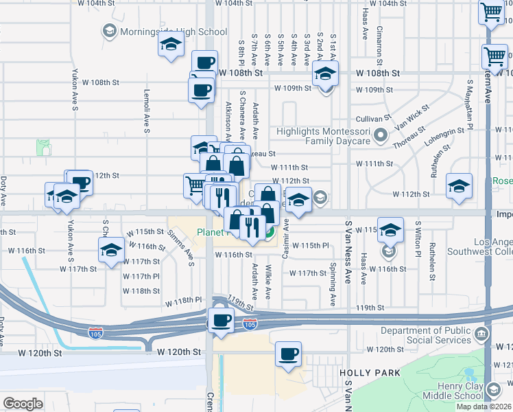 map of restaurants, bars, coffee shops, grocery stores, and more near 2635 West Imperial Highway in Inglewood