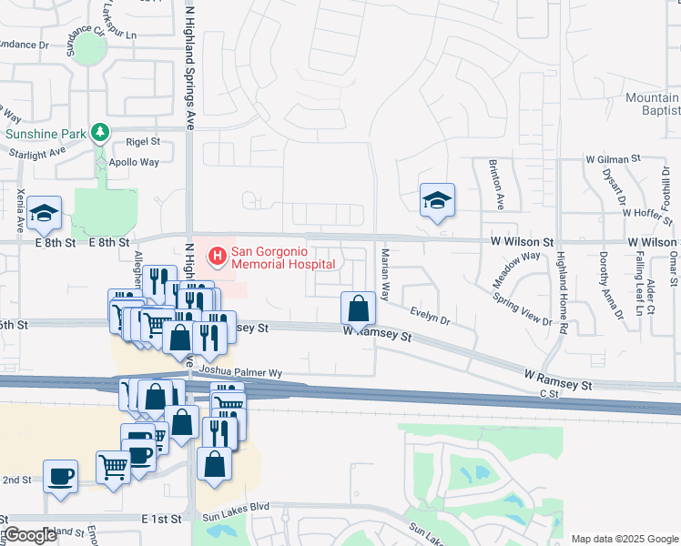 map of restaurants, bars, coffee shops, grocery stores, and more near 5700 West Wilson Street in Banning
