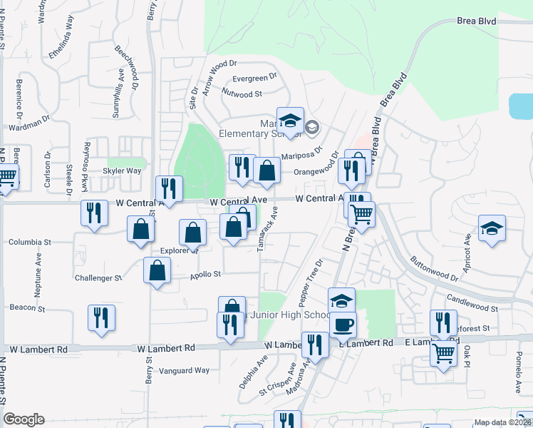 map of restaurants, bars, coffee shops, grocery stores, and more near 330 West Central Avenue in Brea