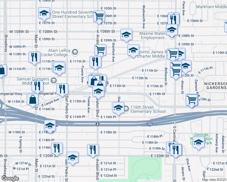 map of restaurants, bars, coffee shops, grocery stores, and more near 663 East Imperial Highway in Los Angeles
