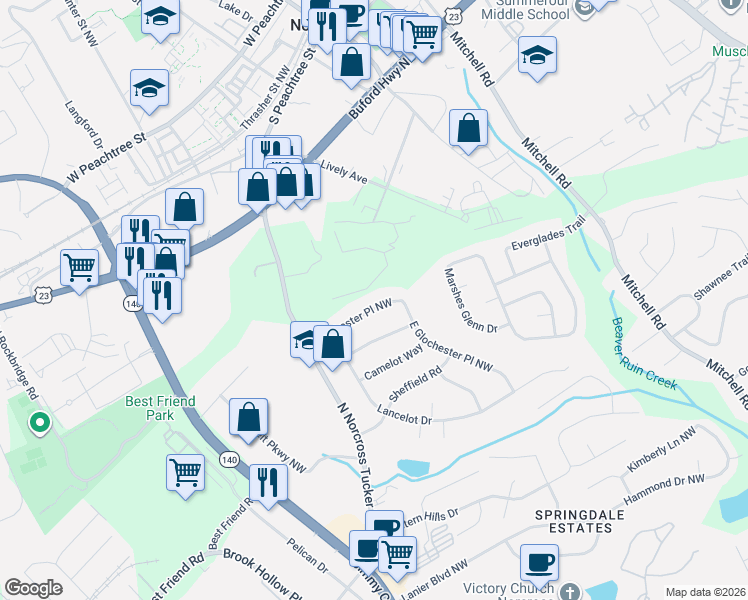 map of restaurants, bars, coffee shops, grocery stores, and more near 619 Glochester Place Northwest in Norcross