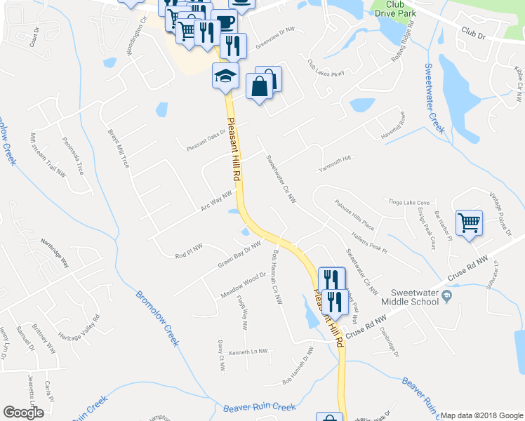 map of restaurants, bars, coffee shops, grocery stores, and more near 1163 Lakehill Drive Northwest in Lawrenceville