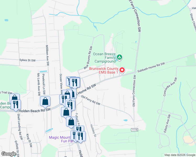 map of restaurants, bars, coffee shops, grocery stores, and more near 2769 Seatrace Lane Southwest in Brunswick County