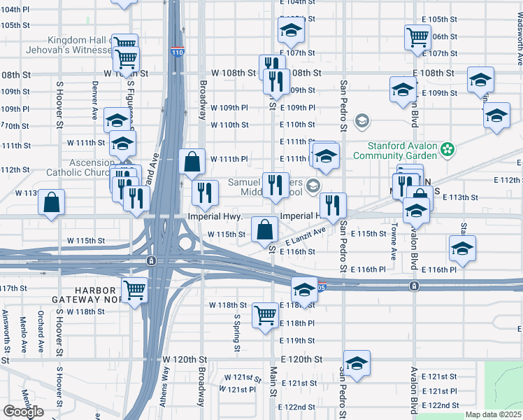 map of restaurants, bars, coffee shops, grocery stores, and more near 115 West Imperial Highway in Los Angeles