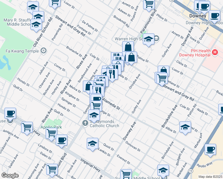 map of restaurants, bars, coffee shops, grocery stores, and more near 8012 Duesler Street in Downey