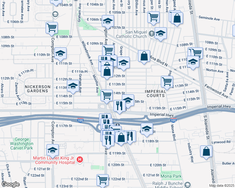 map of restaurants, bars, coffee shops, grocery stores, and more near 1944 East 114th Street in Los Angeles