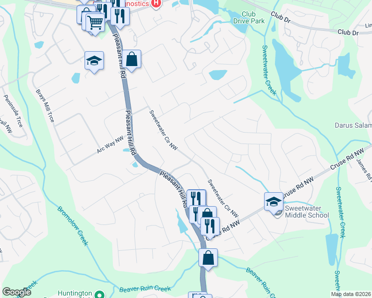 map of restaurants, bars, coffee shops, grocery stores, and more near 1207 Halletts Peak Place in Lawrenceville