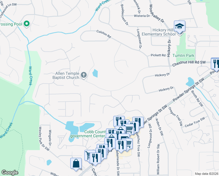 map of restaurants, bars, coffee shops, grocery stores, and more near 808 Chestnut Hill Road Southwest in Marietta