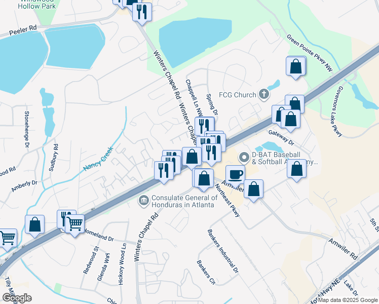 map of restaurants, bars, coffee shops, grocery stores, and more near 6900 Peachtree Industrial Boulevard in Atlanta
