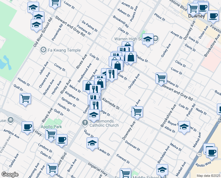 map of restaurants, bars, coffee shops, grocery stores, and more near 8012 Duesler Street in Downey