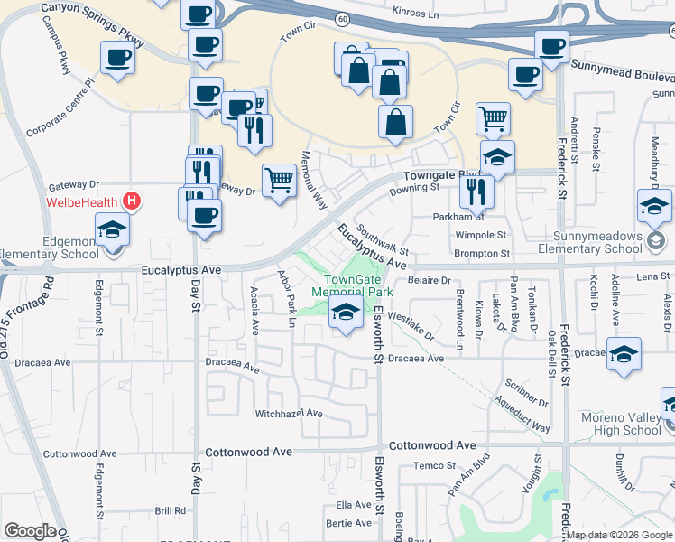 map of restaurants, bars, coffee shops, grocery stores, and more near 13122 Westminster Lane in Moreno Valley
